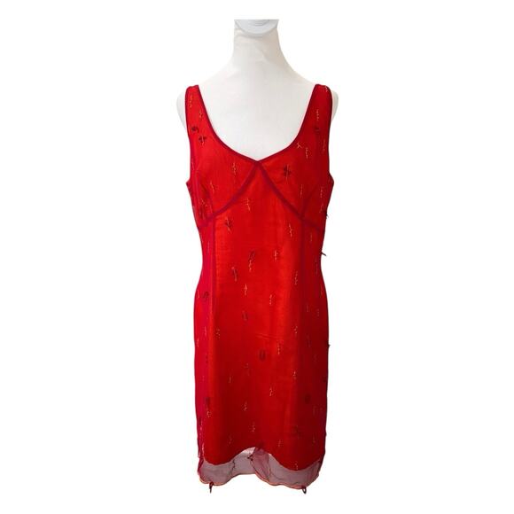 Vintage Express Mesh Overlay Beaded Red Bustier Dress Plunge Neck 90s Y2k 14 - Picture 4 of 10